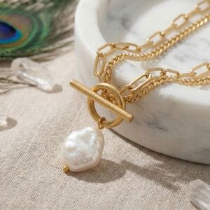 18K Gold Plated Steel Pearl Toggle Necklace Minimalist Water Resistant Gift